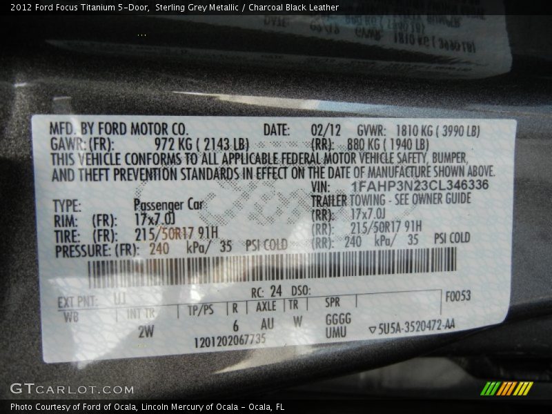 Sterling Grey Metallic / Charcoal Black Leather 2012 Ford Focus Titanium 5-Door
