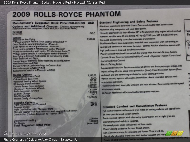  2009 Phantom Sedan Window Sticker