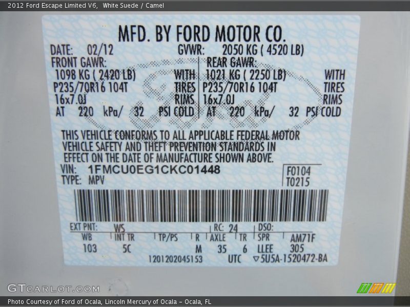 White Suede / Camel 2012 Ford Escape Limited V6