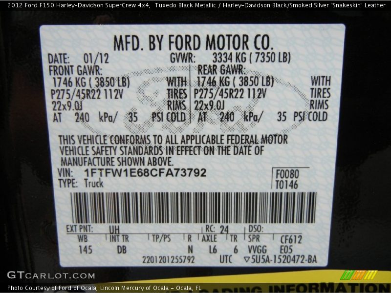 2012 F150 Harley-Davidson SuperCrew 4x4 Tuxedo Black Metallic Color Code UH