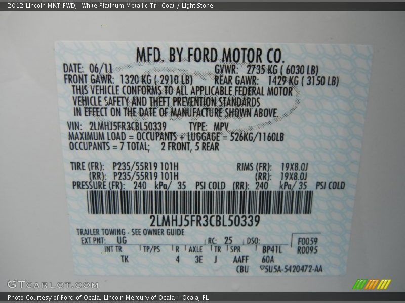 2012 MKT FWD White Platinum Metallic Tri-Coat Color Code UG