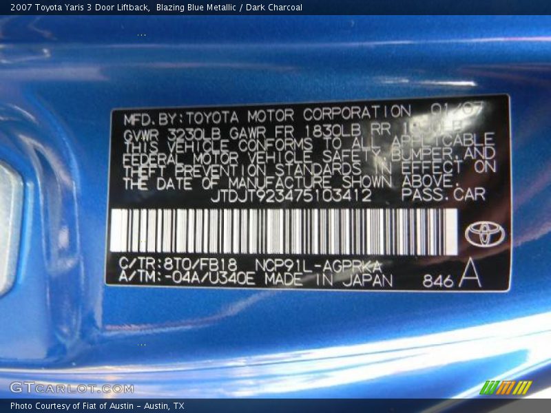 2007 Yaris 3 Door Liftback Blazing Blue Metallic Color Code 8T0