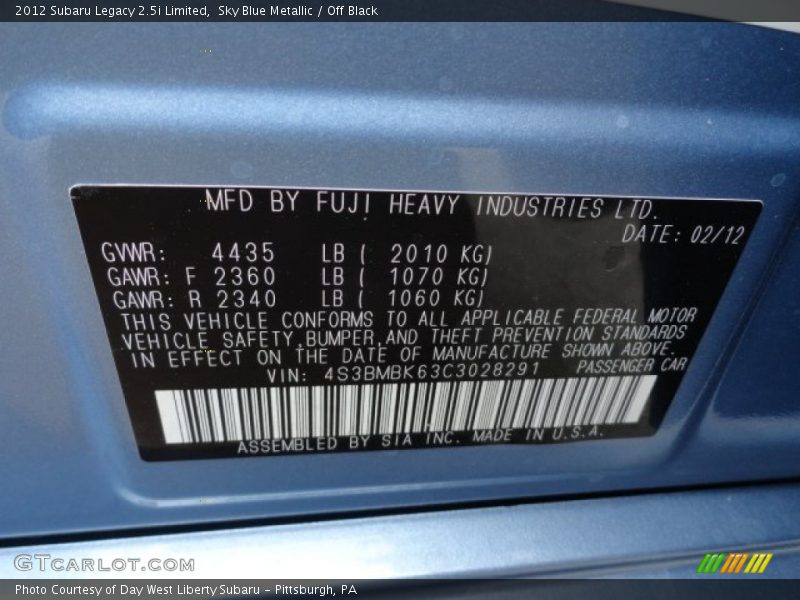 Sky Blue Metallic / Off Black 2012 Subaru Legacy 2.5i Limited