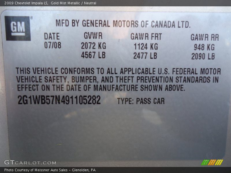 Gold Mist Metallic / Neutral 2009 Chevrolet Impala LS