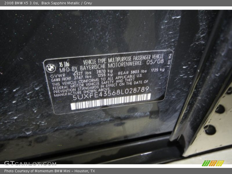 Black Sapphire Metallic / Grey 2008 BMW X5 3.0si