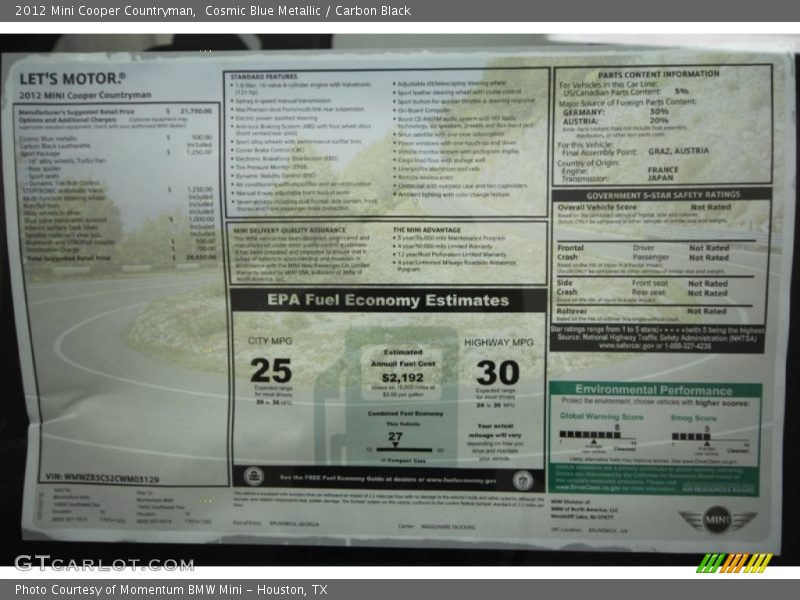  2012 Cooper Countryman Window Sticker