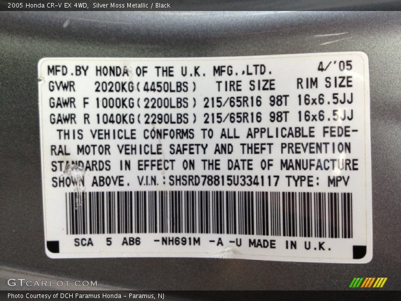 2005 CR-V EX 4WD Silver Moss Metallic Color Code NH691M