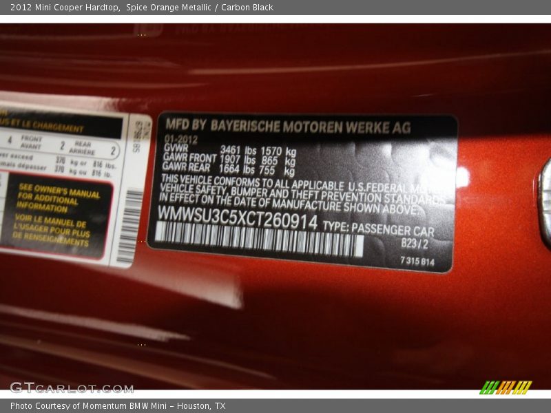 Spice Orange Metallic / Carbon Black 2012 Mini Cooper Hardtop