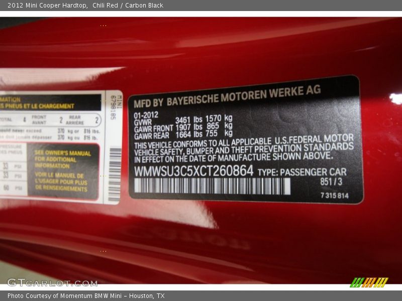 Chili Red / Carbon Black 2012 Mini Cooper Hardtop