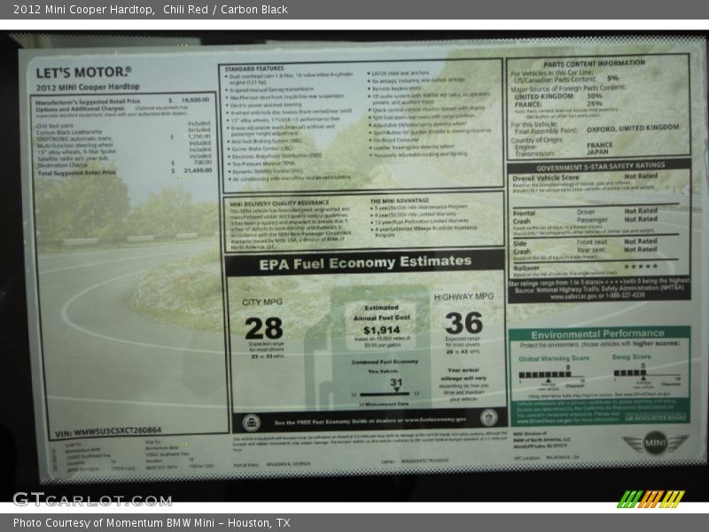  2012 Cooper Hardtop Window Sticker