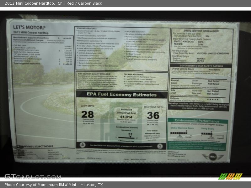  2012 Cooper Hardtop Window Sticker