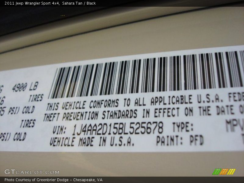 2011 Wrangler Sport 4x4 Sahara Tan Color Code PFD
