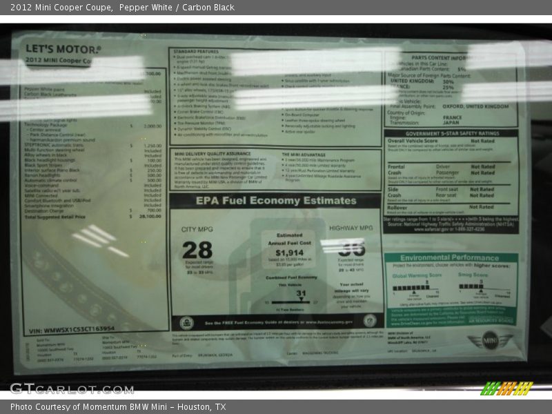  2012 Cooper Coupe Window Sticker