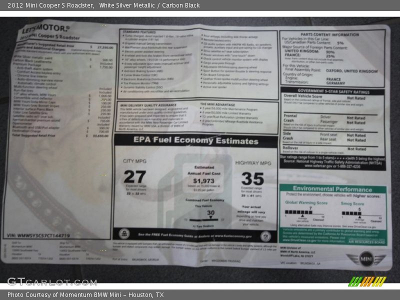  2012 Cooper S Roadster Window Sticker