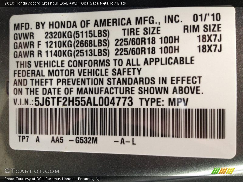 2010 Accord Crosstour EX-L 4WD Opal Sage Metallic Color Code G532M