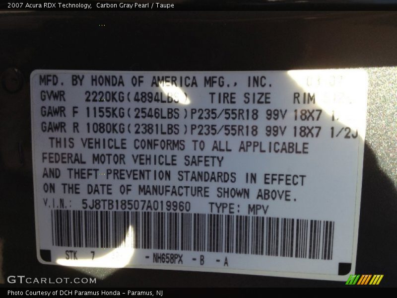 Carbon Gray Pearl / Taupe 2007 Acura RDX Technology