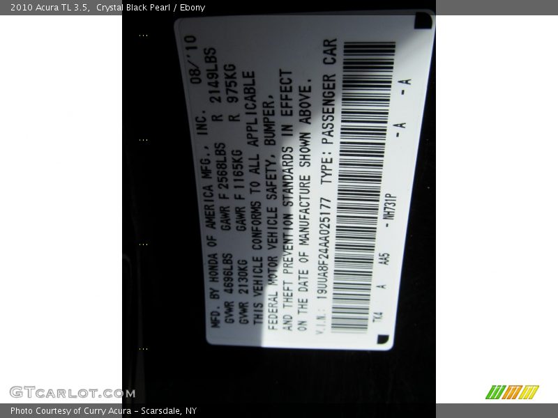 Crystal Black Pearl / Ebony 2010 Acura TL 3.5