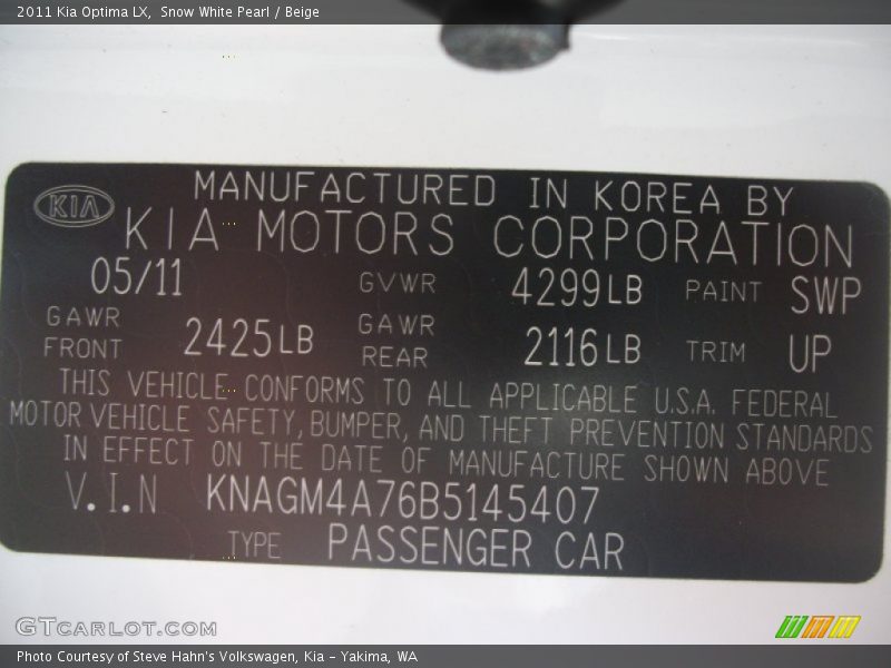 2011 Optima LX Snow White Pearl Color Code SWP