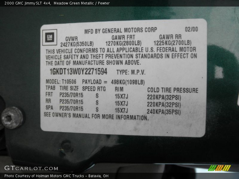 Meadow Green Metallic / Pewter 2000 GMC Jimmy SLT 4x4