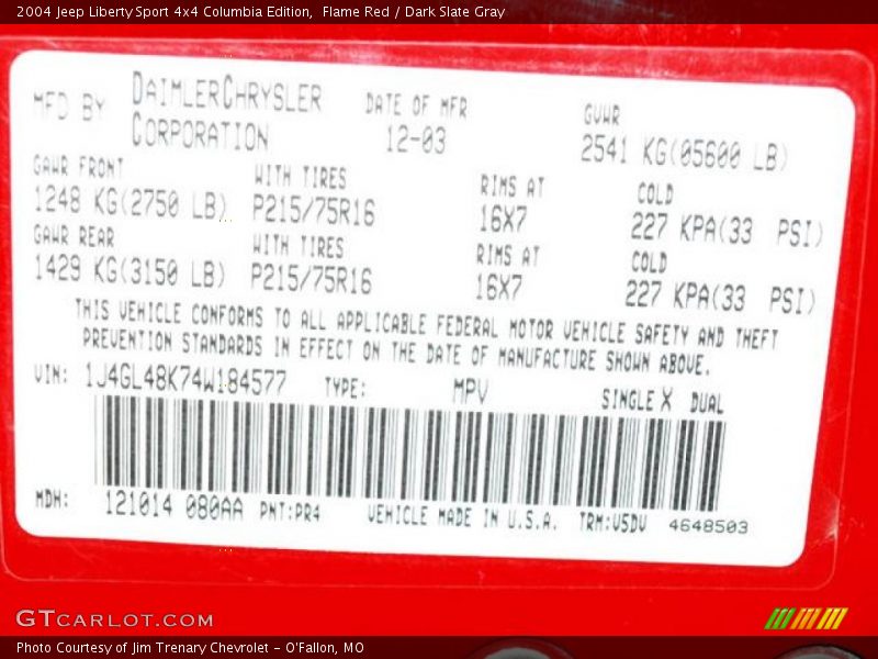 Flame Red / Dark Slate Gray 2004 Jeep Liberty Sport 4x4 Columbia Edition