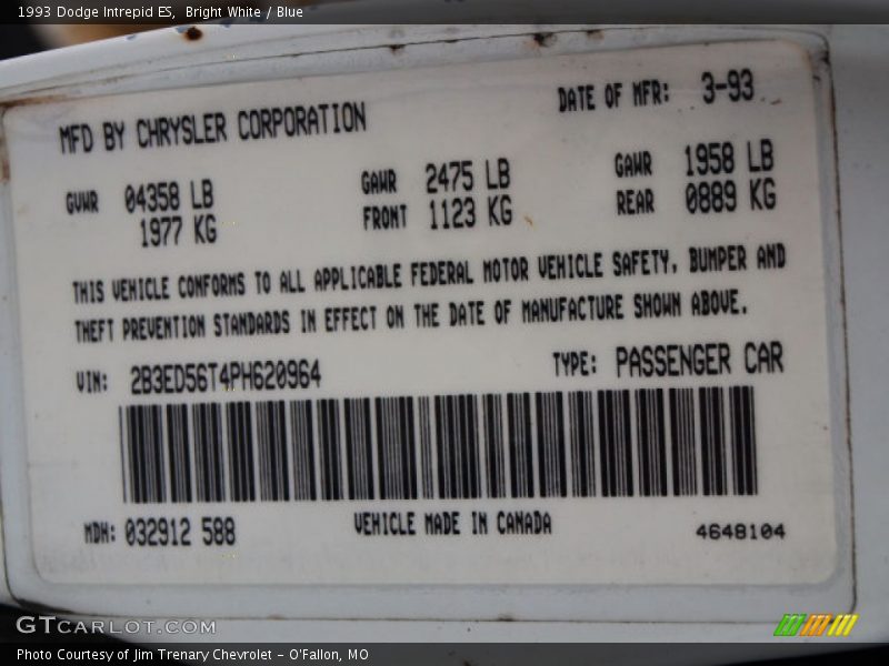 Bright White / Blue 1993 Dodge Intrepid ES