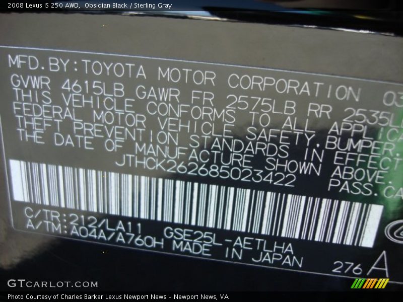 Obsidian Black / Sterling Gray 2008 Lexus IS 250 AWD