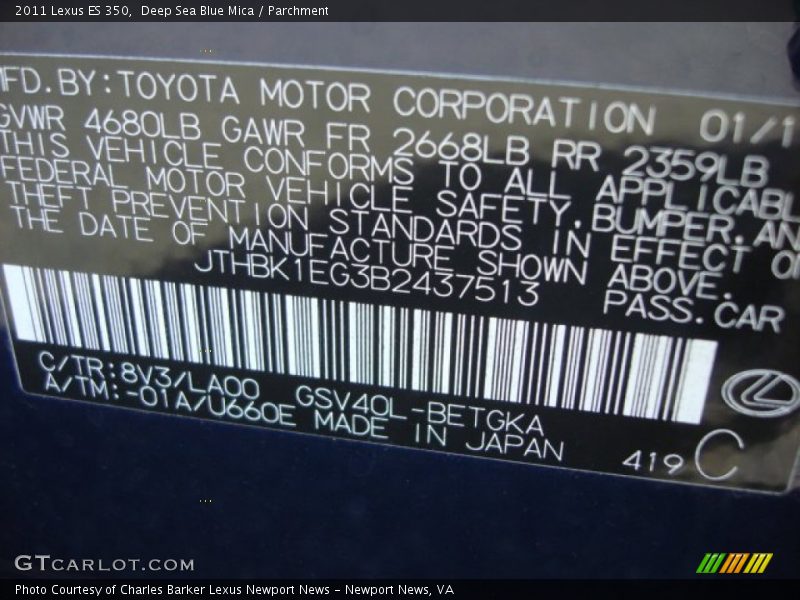2011 ES 350 Deep Sea Blue Mica Color Code 8V3
