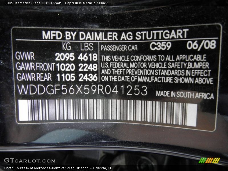 2009 C 350 Sport Capri Blue Metallic Color Code 359
