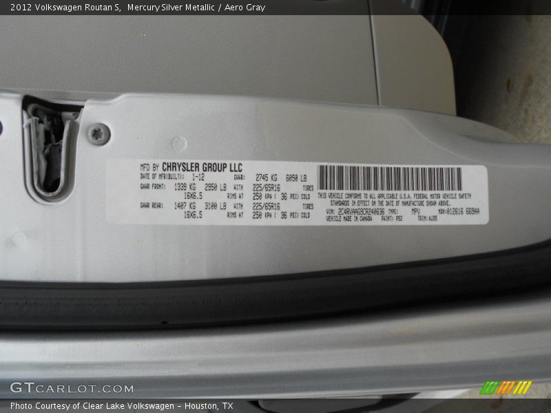 2012 Routan S Mercury Silver Metallic Color Code PS2