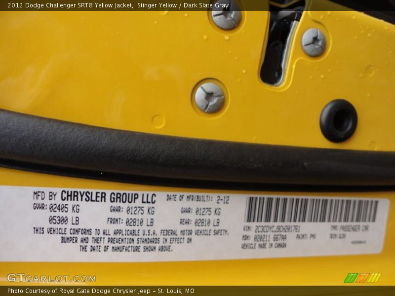 Stinger Yellow / Dark Slate Gray 2012 Dodge Challenger SRT8 Yellow Jacket