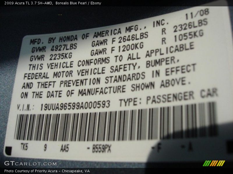 2009 TL 3.7 SH-AWD Borealis Blue Pearl Color Code B559PX