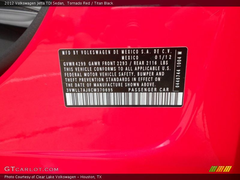 Tornado Red / Titan Black 2012 Volkswagen Jetta TDI Sedan