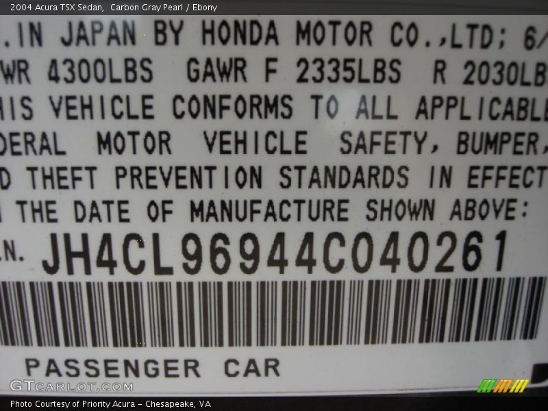 Carbon Gray Pearl / Ebony 2004 Acura TSX Sedan