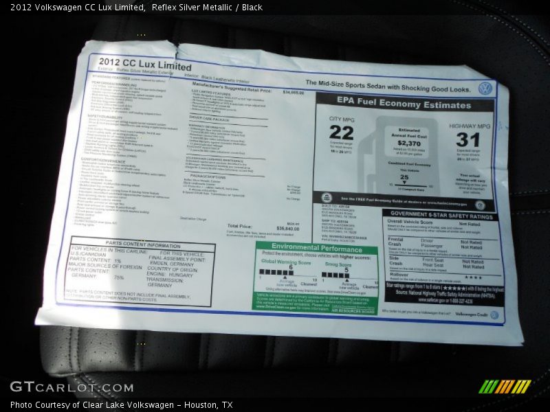 Reflex Silver Metallic / Black 2012 Volkswagen CC Lux Limited