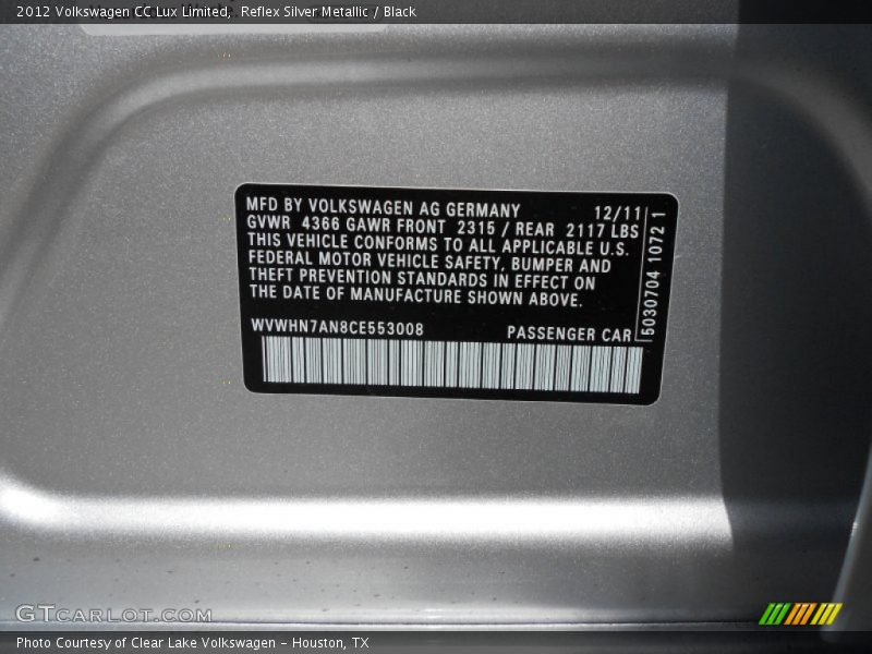 Reflex Silver Metallic / Black 2012 Volkswagen CC Lux Limited