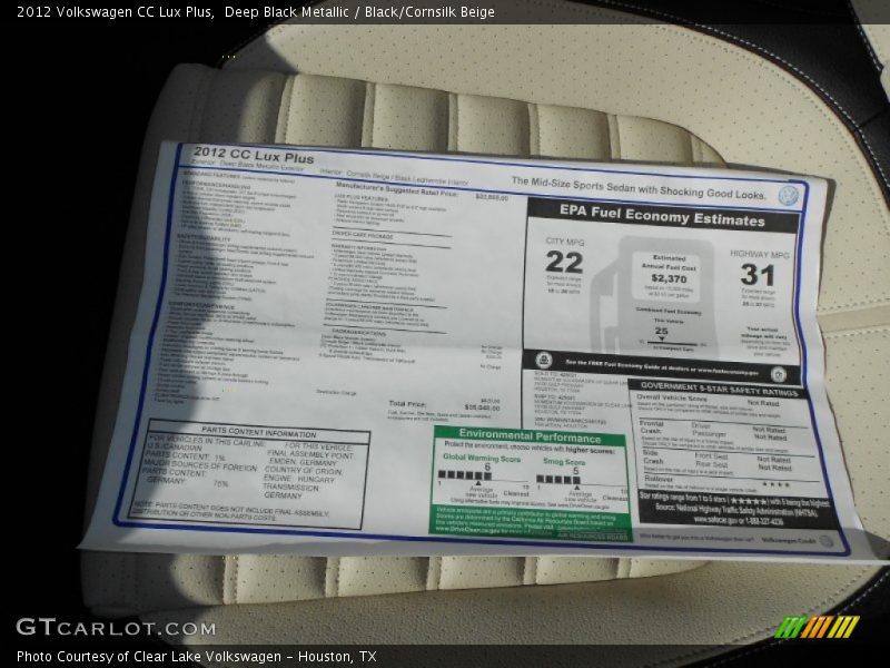Deep Black Metallic / Black/Cornsilk Beige 2012 Volkswagen CC Lux Plus