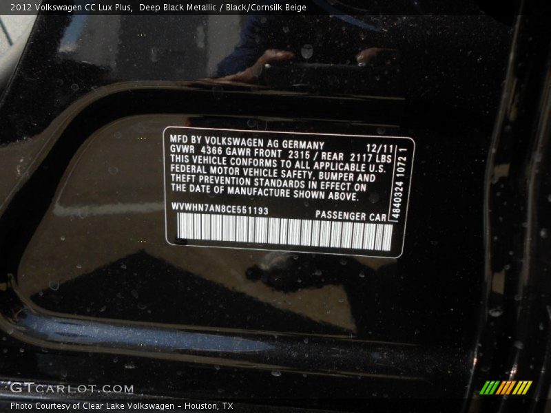 Deep Black Metallic / Black/Cornsilk Beige 2012 Volkswagen CC Lux Plus