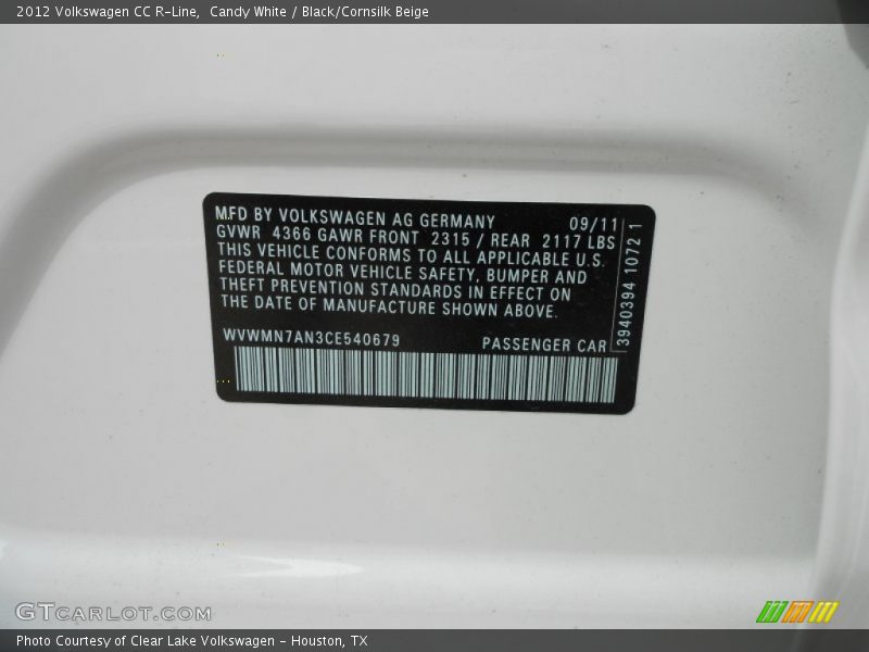 Candy White / Black/Cornsilk Beige 2012 Volkswagen CC R-Line