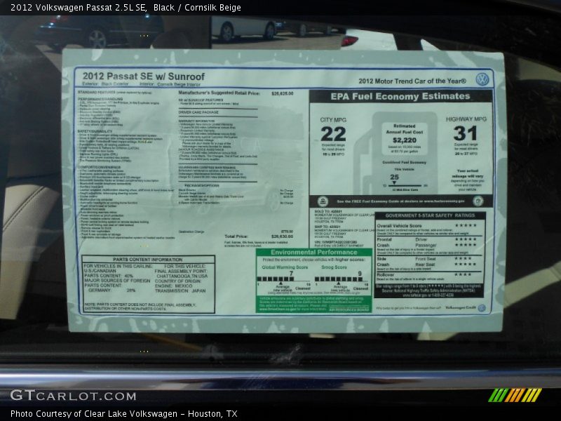 Black / Cornsilk Beige 2012 Volkswagen Passat 2.5L SE