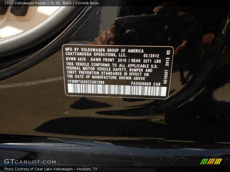 Black / Cornsilk Beige 2012 Volkswagen Passat 2.5L SE