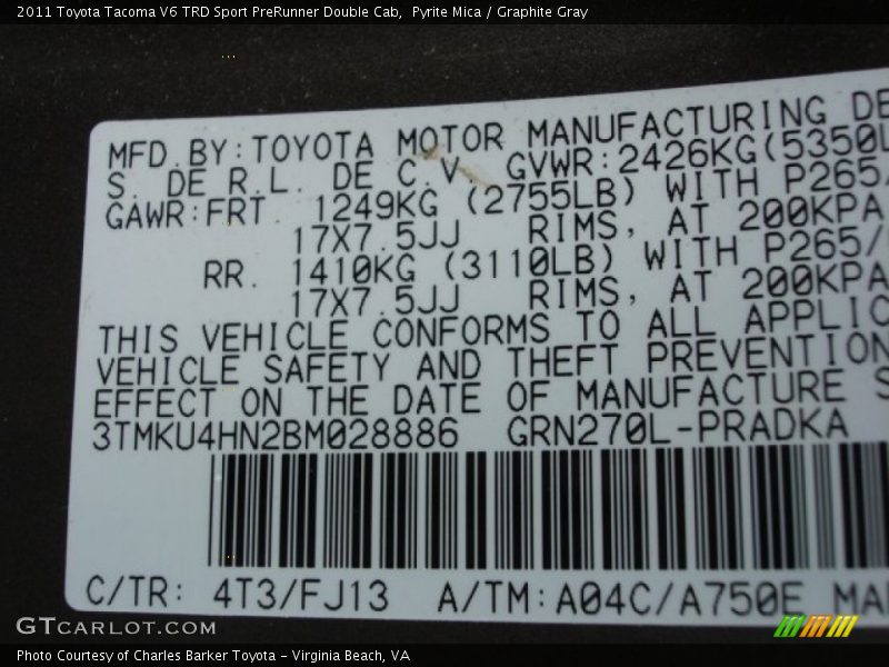 2011 Tacoma V6 TRD Sport PreRunner Double Cab Pyrite Mica Color Code 4T3
