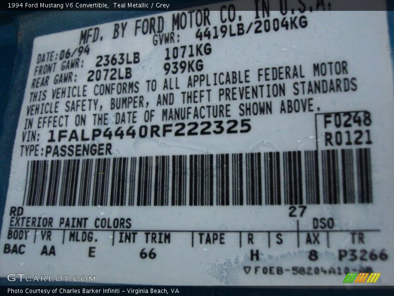 1994 Mustang V6 Convertible Teal Metallic Color Code RD