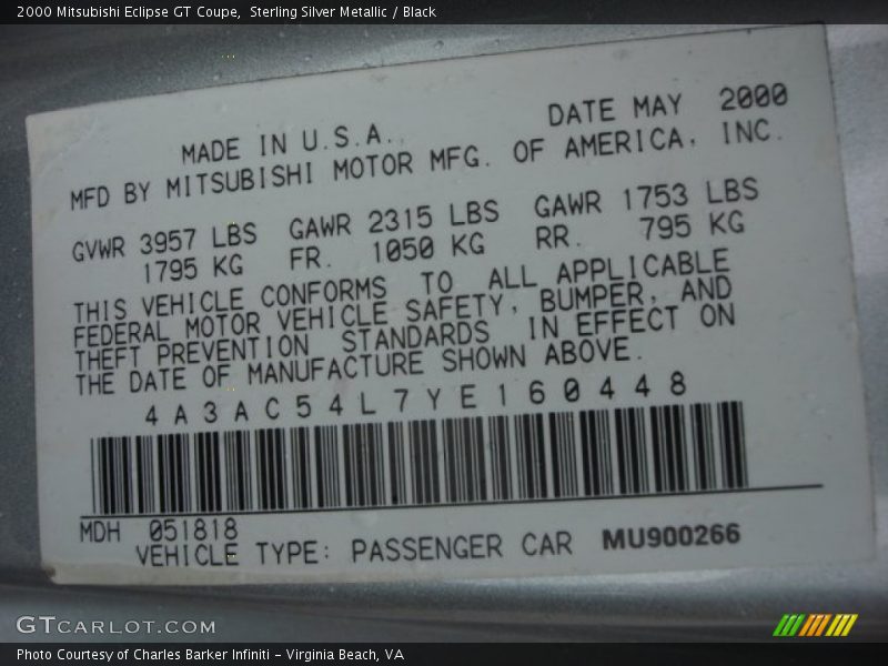 Sterling Silver Metallic / Black 2000 Mitsubishi Eclipse GT Coupe