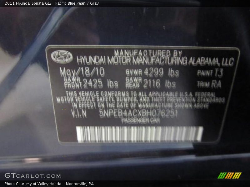 Pacific Blue Pearl / Gray 2011 Hyundai Sonata GLS