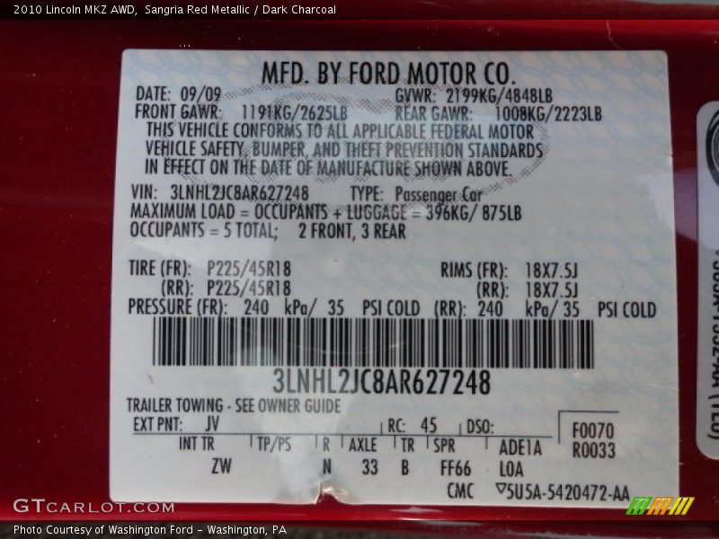 Sangria Red Metallic / Dark Charcoal 2010 Lincoln MKZ AWD