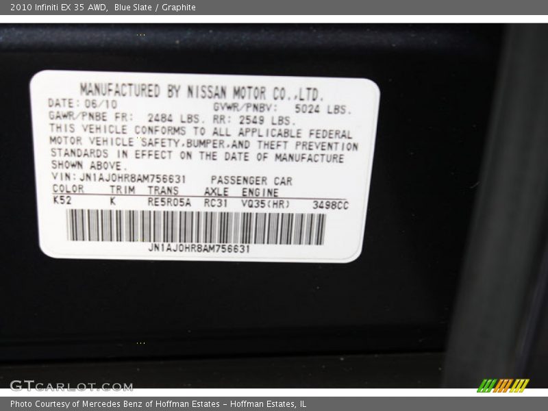 2010 EX 35 AWD Blue Slate Color Code K52