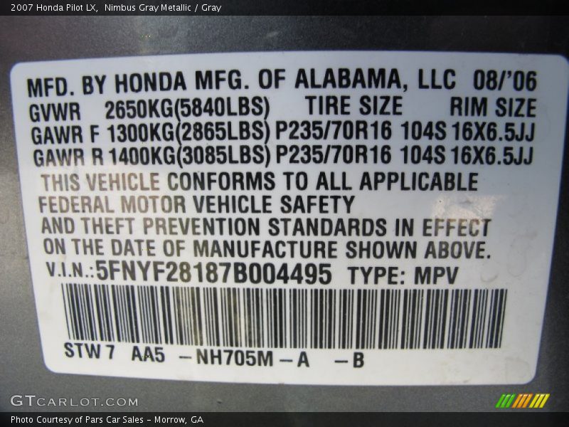 Nimbus Gray Metallic / Gray 2007 Honda Pilot LX