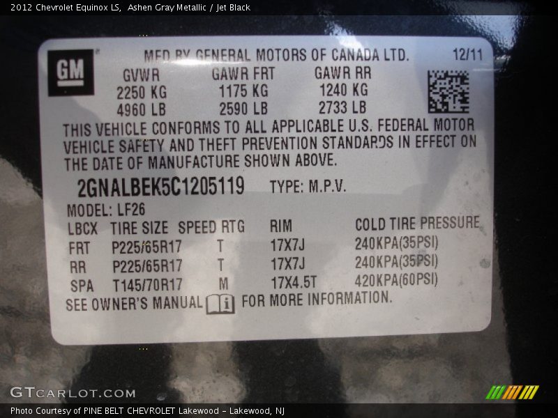 Ashen Gray Metallic / Jet Black 2012 Chevrolet Equinox LS