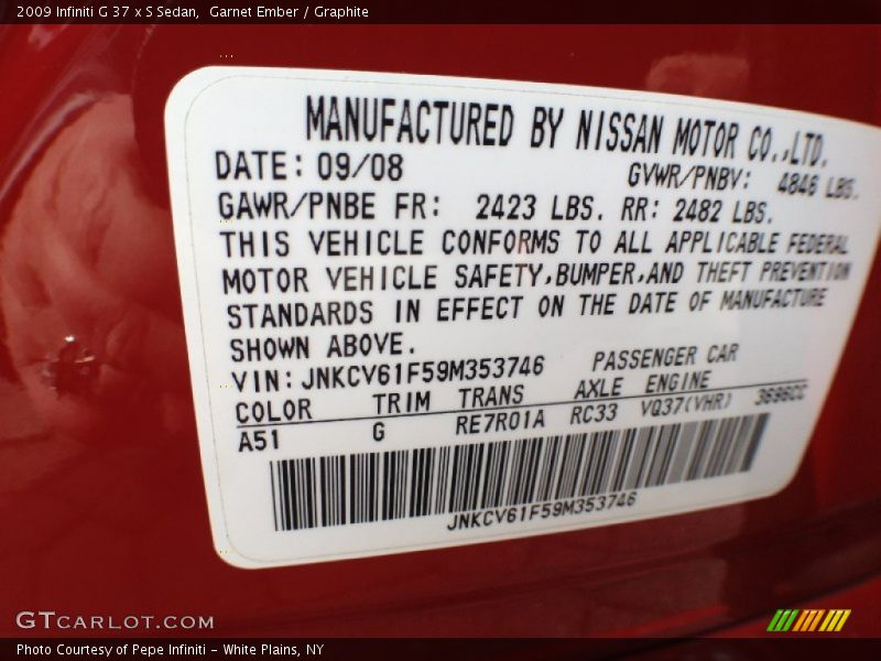 2009 G 37 x S Sedan Garnet Ember Color Code A51