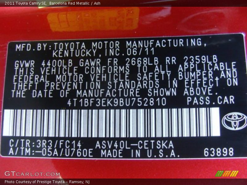 Barcelona Red Metallic / Ash 2011 Toyota Camry SE